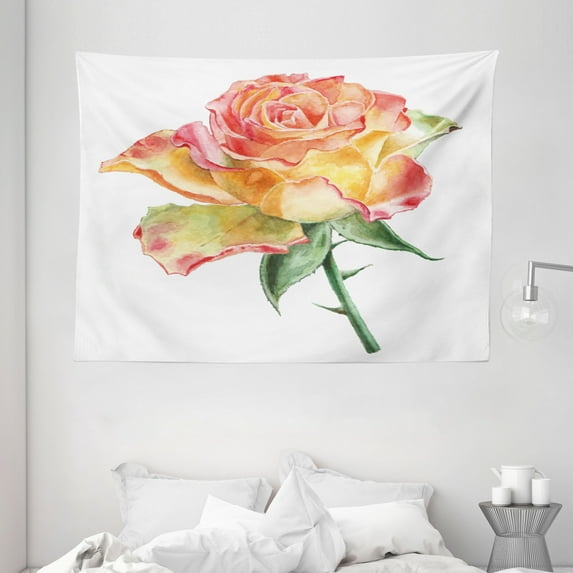 Rose Tapestry, Hand Drawn Rose in Watercolors Lively Petals Botanical Floral Inspiration, Wall Hanging for Bedroom Living Room Dorm Decor, 80W X 60L Inches, Green Orange Coral, by Ambesonne