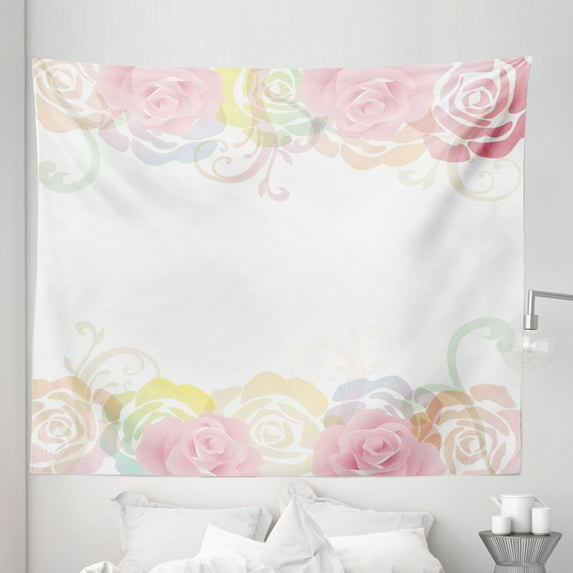 Rose Tapestry, Tender Graceful Spring Themed Borders Floral Frame with Abstract Silhouette of Roses, Fabric Wall Hanging Decor for Bedroom Living Room Dorm, 5 Sizes, Multicolor, by Ambesonne