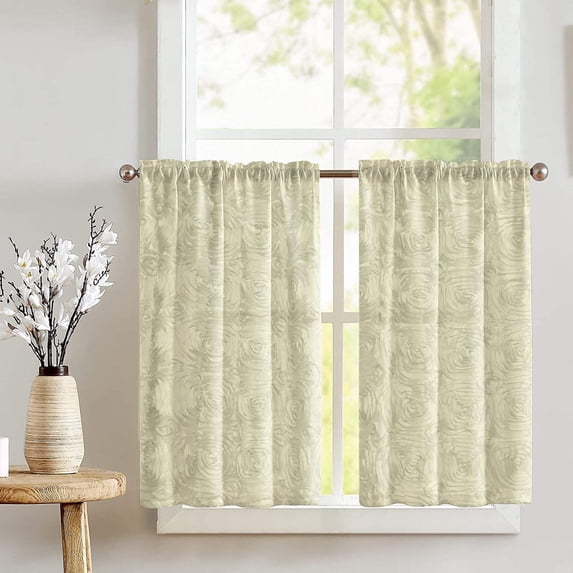 Rose Texture Satin Rosette Café Tier Curtains Window Treatment Kitchen Home Décor