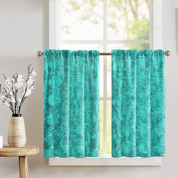Rose Texture Satin Rosette Café Tier Curtains Window Treatment Kitchen Home Décor