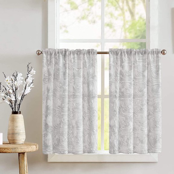 Rose Texture Satin Rosette Café Tier Curtains Window Treatment Kitchen Home Décor