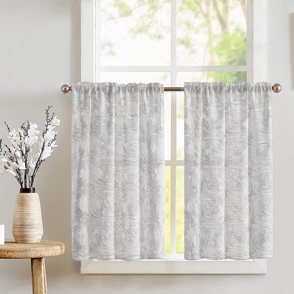 Rose Texture Satin Rosette Café Tier Curtains Window Treatment Kitchen Home Décor