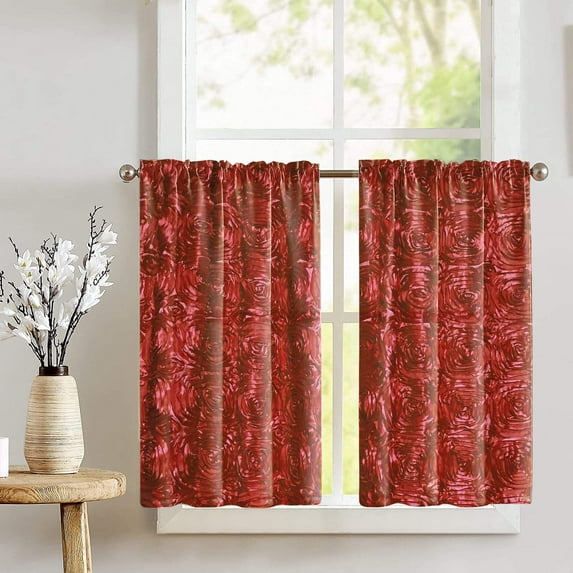 Rose Texture Satin Rosette Café Tier Curtains Window Treatment Kitchen Home Décor