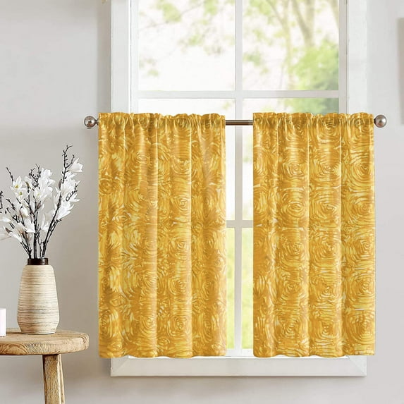 Rose Texture Satin Rosette Café Tier Curtains Window Treatment Kitchen Home Décor