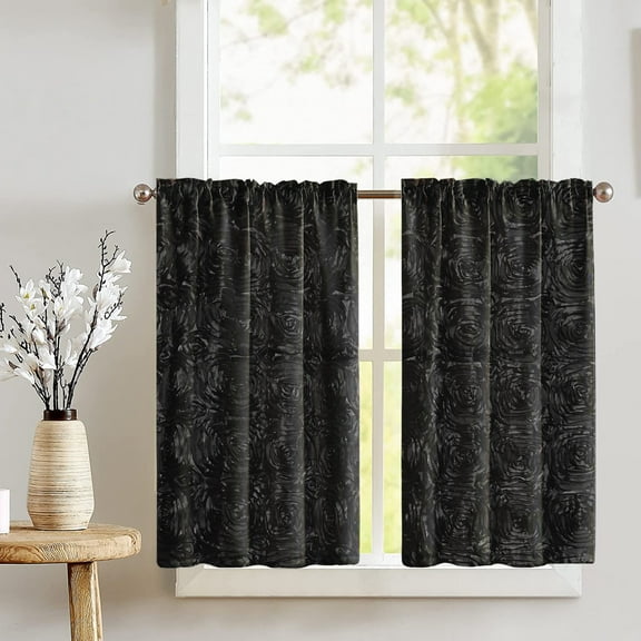 Rose Texture Satin Rosette Café Tier Curtains Window Treatment Kitchen Home Décor