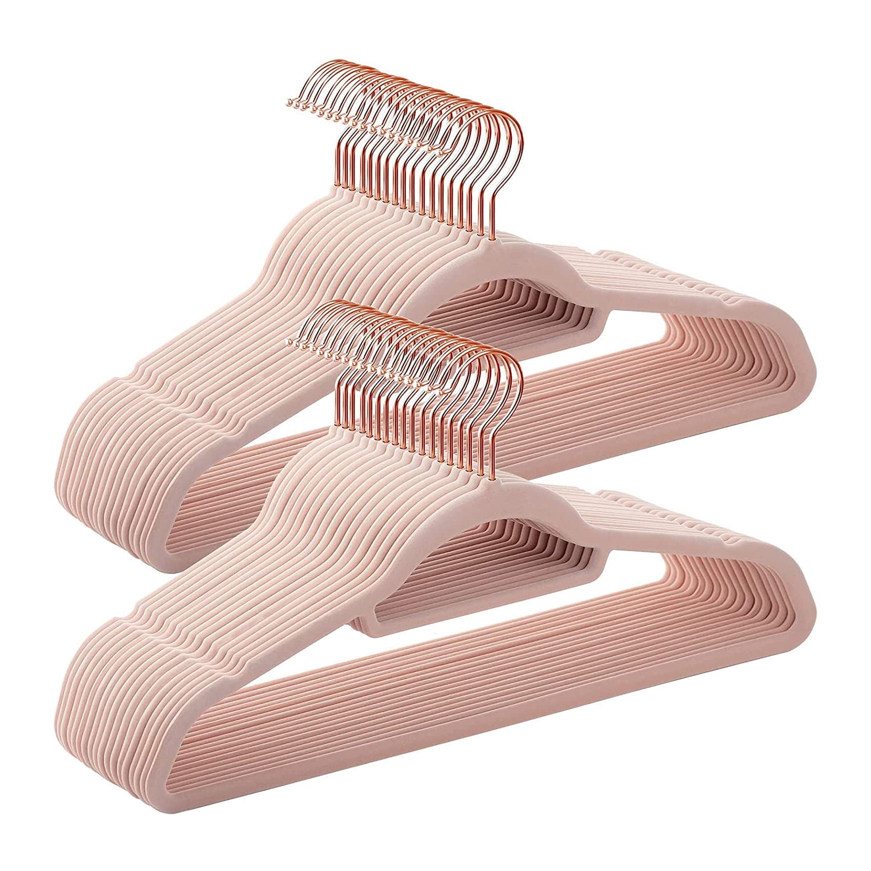 Rose Thin Velvet Hangers. Pack of 150 Non Slip Hangers with 360 Rotating Chrome Hook, Notched Shoulders