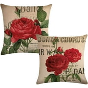 Rose Throw Pillow Cover, Blooming Red Rose with Flowers &Green Leaves Pattern Decorative Square Pillowcases,18 X 18 Inches 2 Pack for Sofa,Couch,Bed. (Red Rose)
