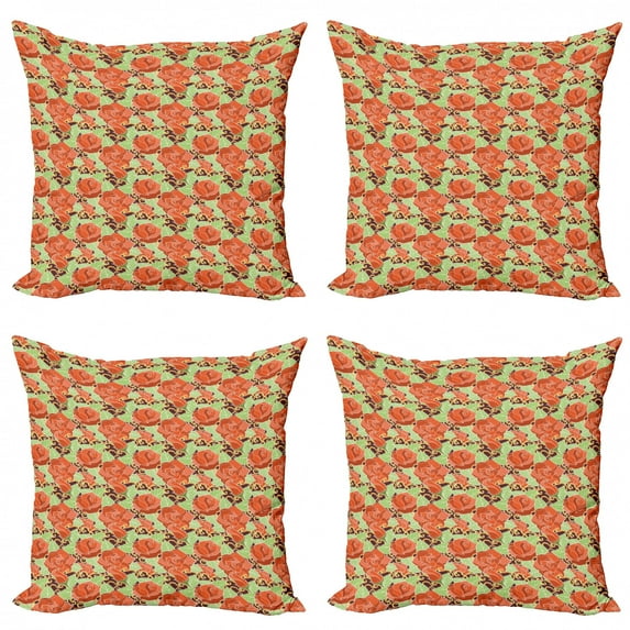 Rose Throw Pillow Cushion Case Pack of 4, Blooming Romantic Flowers Valentines Day Themed Feminine Elements, Modern Accent Double-Sided Print, 4 Sizes, Pale Green Vermilion, by Ambesonne