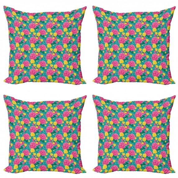Rose Throw Pillow Cushion Case Pack of 4, Colorful Romantic Bouquet of Spring Roses and Buds Pattern Botanical Art Illustration, Modern Accent Double-Sided Print, 4 Sizes, Multicolor, by Ambesonne