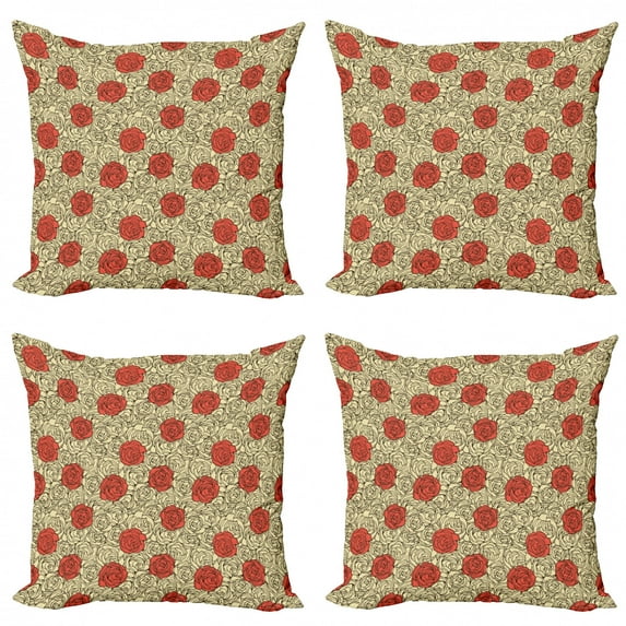 Rose Throw Pillow Cushion Case Pack of 4, Hand Painted Style Flowerbed with Romantic Blossoms in Pastel Colors, Modern Accent Double-Sided Print, 4 Sizes, Dark Brown Vermilion, by Ambesonne