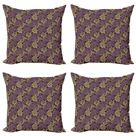 Ambesonne Rose Throw Pillow Cover 4 Pack, Nostalgic Inspired Damask Art, 20", Dark Fuchsia Khaki