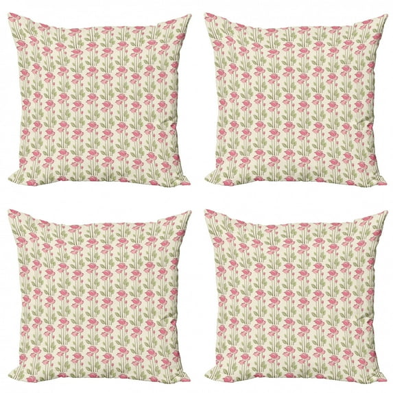 Rose Throw Pillow Cushion Case Pack of 4, Spring Blooms Field Gardening Foliage Romantic Valentines Love Floral, Modern Accent Double-Sided Print, 4 Sizes, Ivory Green, by Ambesonne