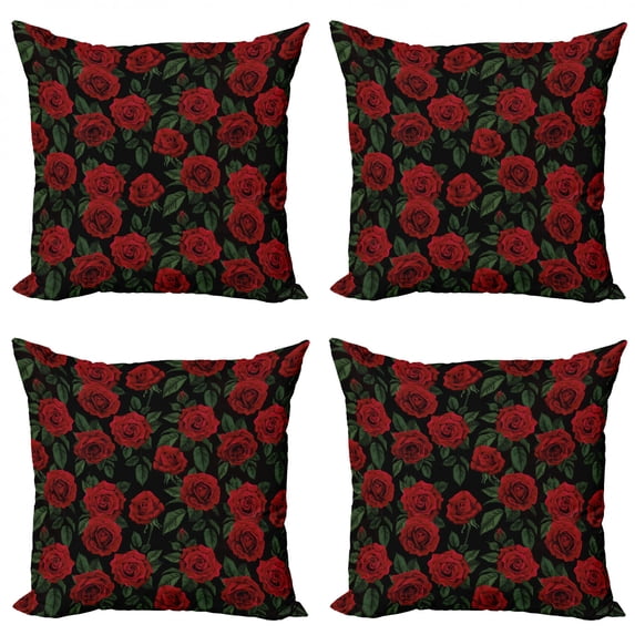 Ambesonne Rose Throw Pillow Cover 4 Pack, Retro Petals Leaves Growth, 24", Ruby Hunter Green Black
