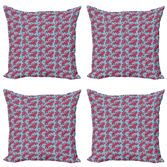 Ambesonne Rose Throw Pillow Cover 4 Pack, Sketchy Flowers in Pink Shades, 24", Pale Blue and Magenta