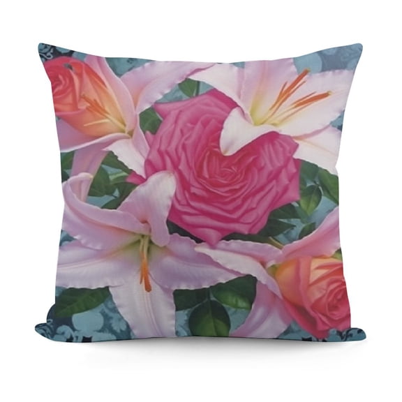Rose Throw Pillow Cushion Cover, Graphic of Roses and Lilies with Soft Pastel Colors Nature Blooms Springtime Theme, Decorative Square Accent Pillow Case,, Fuchsia Blue