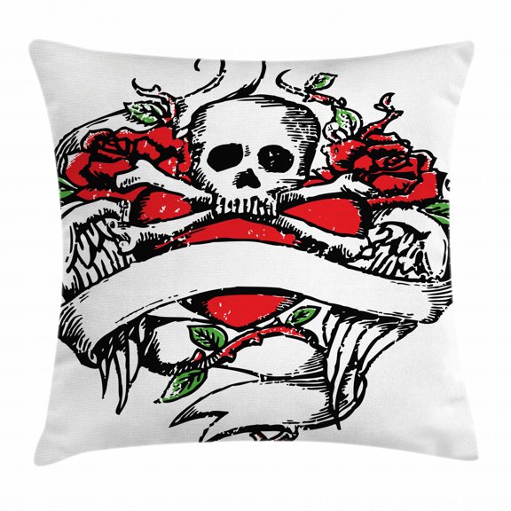 Rose Throw Pillow Cushion Cover, Sketchy Revival Skull Figure Big Red Heart Crossed Bones Wings and Leaves, Decorative Square Accent Pillow Case, 20 X 20 Inches, Black Vermilion Green, by Ambesonne