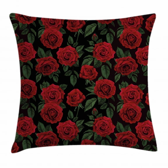Rose Throw Pillow Cushion Cover, Valentine's Day Retro Style Petals with Leaves Ornamental Growth Pattern, Decorative Square Accent Pillow Case, 24 X 24 Inches, Ruby Hunter Green Black, by Ambesonne