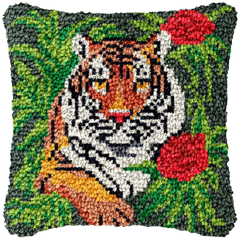 Rose Tiger Latch Hook Pillow Cover Kits for DIY Cushion Cross Stitch Crochet Hooking Latch Hook Pillowcase Rug Kits with Preprinted Canvas Crochet Yarn Kits Needlework Crafts 17'' X 17''