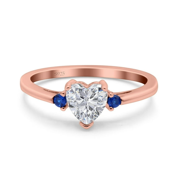 Rose Tone, Simulated Cubic Zirconia Size-10 Art Deco Heart Three Stone Wedding Bridal Ring Round Blue Sapphire CZ 925 Sterling Silver