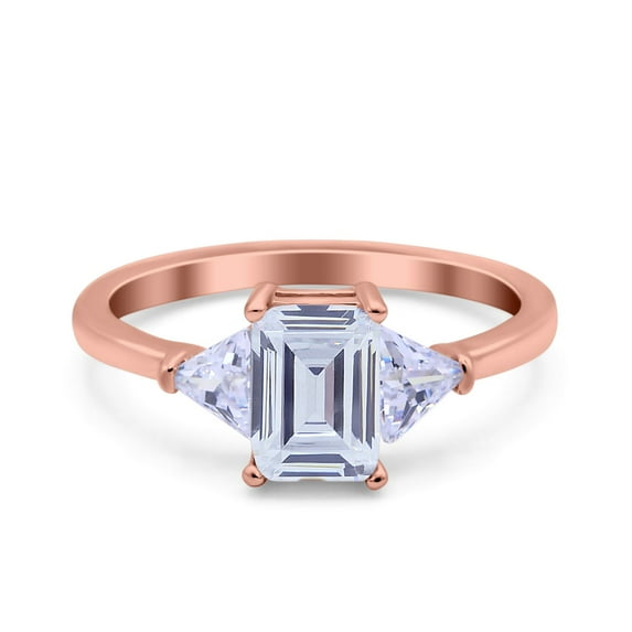Rose Tone, Simulated Cubic Zirconia Size-10 Emerald Cut Three Stone Art Deco Wedding Engagement Bridal Ring 925 Sterling Silver
