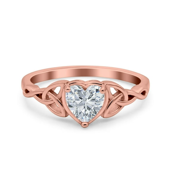 Rose Tone, Simulated Cubic Zirconia Size-10 Heart Celtic Art Deco Wedding Engagement Bridal Promise Ring 925 Sterling Silver
