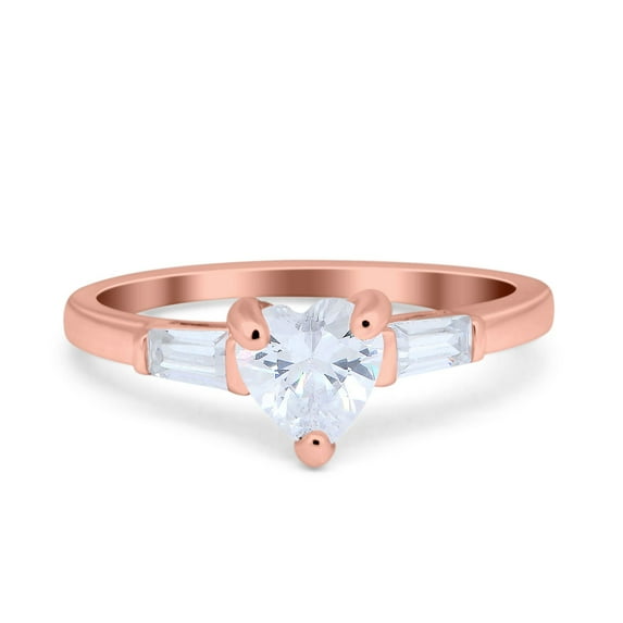 Rose Tone, Simulated Cubic Zirconia Size-10 Heart Promise Ring Baguette 925 Sterling Silver