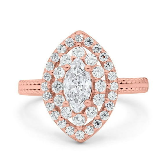Rose Tone, Simulated Cubic Zirconia Size-10 Marquise Vintage Art Deco Halo Wedding Engagement Bridal Ring 925 Sterling Silver