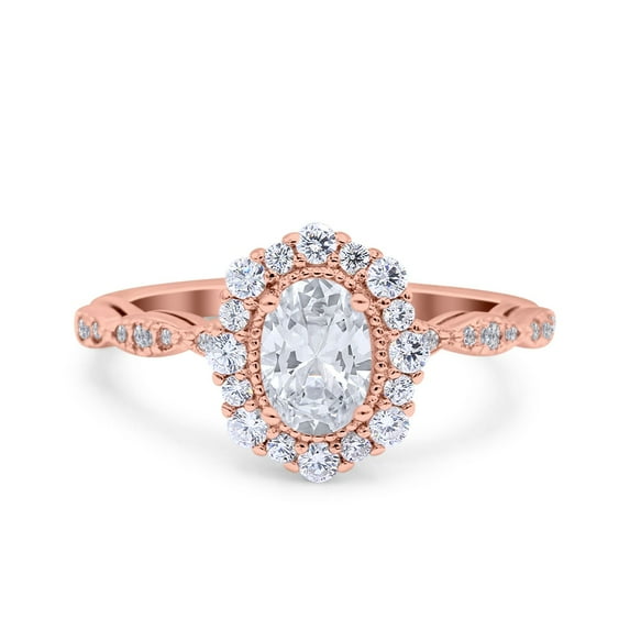 Rose Tone, Simulated Cubic Zirconia Size-10 Vintage Art Deco Halo Oval Wedding Engagement Bridal Ring 925 Sterling Silver