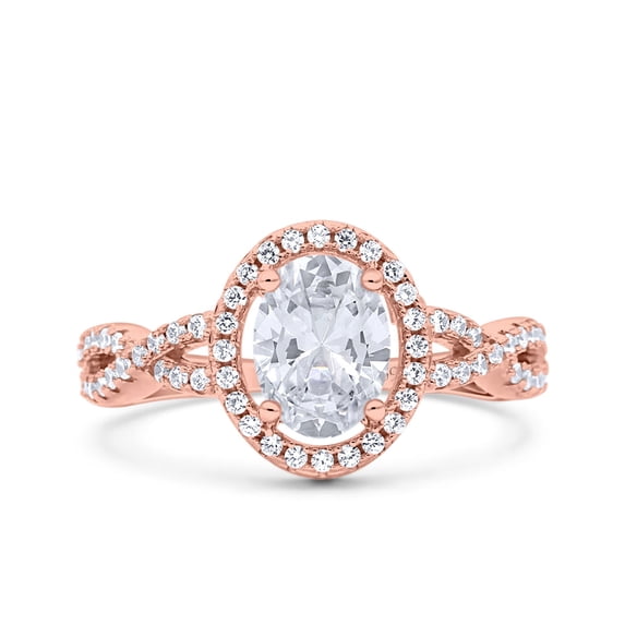 Rose Tone, Simulated Cubic Zirconia Size-5 Halo Infinity Shank Ring Oval 925 Sterling Silver