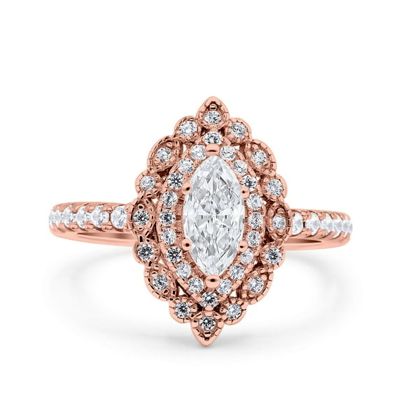 Rose Tone, Simulated Cubic Zirconia Size-5 Halo Vintage Style Art Deco Solitaire Accent Marquise Wedding Engagement Ring 925 Sterling Silver