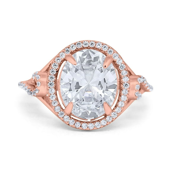 Rose Tone, Simulated Cubic Zirconia Size-5 Oval Accent Wedding Engagement Ring 925 Sterling Silver