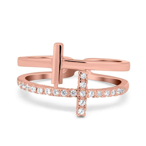 Rose Tone, Simulated Cubic Zirconia Size-5 Sideways Cross Ring Round 925 Sterling Silver