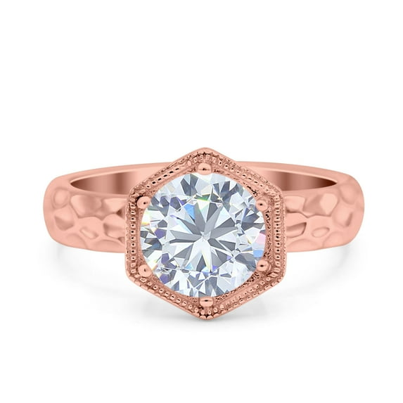 Rose Tone, Simulated Cubic Zirconia Size-6 Art Deco Engagement Bridal Ring Hammered Finish Hexagon Round 925 Sterling Silver
