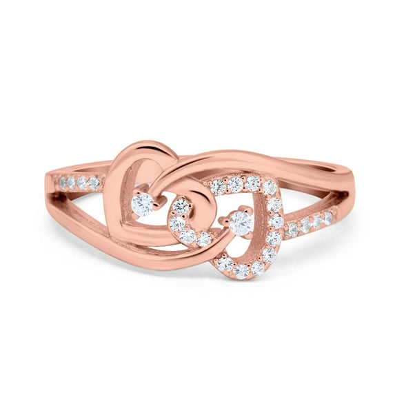 Rose Tone, Simulated Cubic Zirconia Size-6 Double Heart Promise Ring 925 Sterling Silver