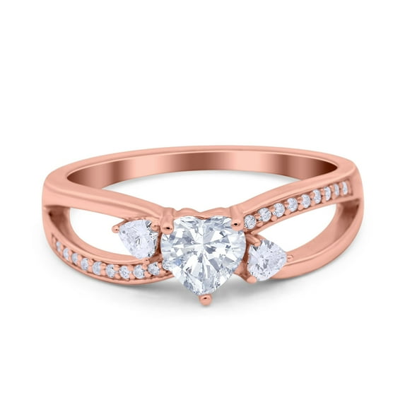 Rose Tone, Simulated Cubic Zirconia Size-6 Heart Three Stone Art Deco Engagement Bridal Promise Ring 925 Sterling Silver