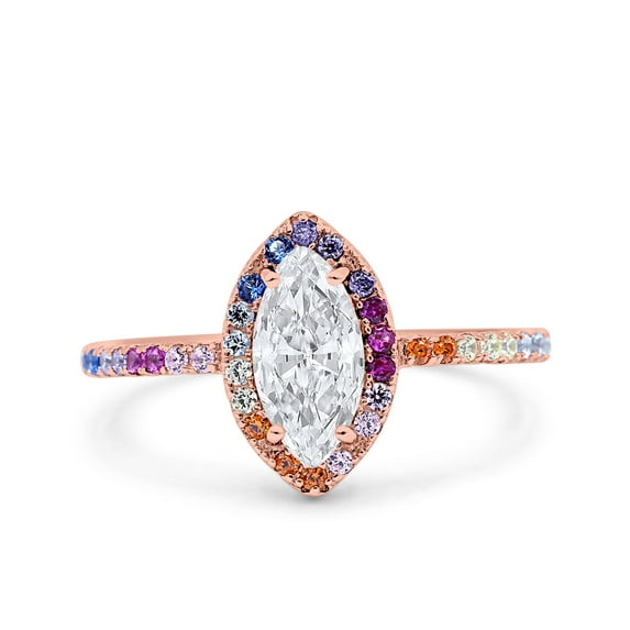 Rose Tone, Simulated Cubic Zirconia Size-6 Marquise Art Deco Multi Color Wedding Bridal Ring 925 Sterling Silver