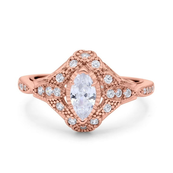 Rose Tone, Simulated Cubic Zirconia Size-6 Marquise Art Deco Wedding Engagement Bridal Ring Accent Vintage 925 Sterling Silver