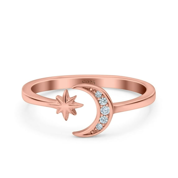 Rose Tone, Simulated Cubic Zirconia Size-6 Moon & Star Wedding Band Ring 925 Sterling Silver