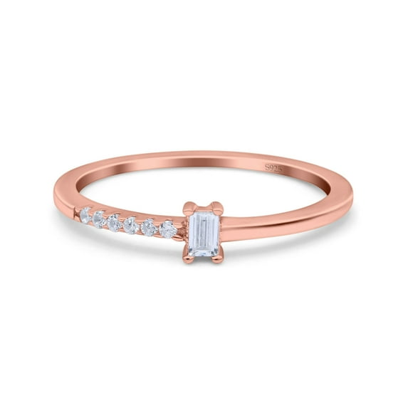 Rose Tone, Simulated Cubic Zirconia Size-6 Petite Dainty Emerald Cut Wedding Engagement Ring Band 925 Sterling Silver