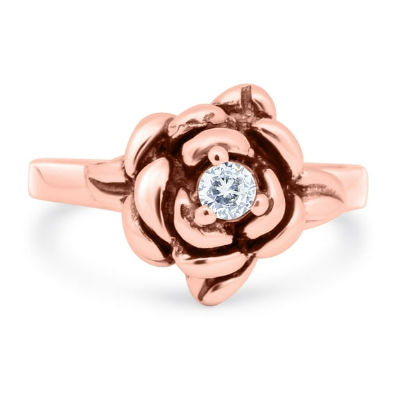 Rose Tone, Simulated Cubic Zirconia Size-6 Rose Flower Ring Round Shape 925 Sterling Silver