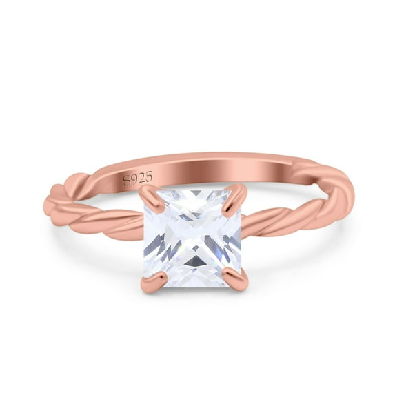 Rose Tone, Simulated Cubic Zirconia Size-6 Solitaire Accent Twisted Fashion Ring Princess Cut 925 Sterling Silver