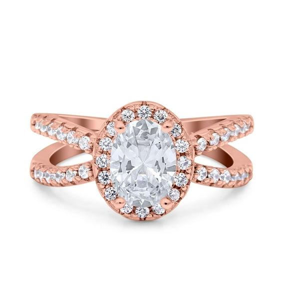 Rose Tone, Simulated Cubic Zirconia Size-6 Split Shank Halo Oval Wedding Engagement Ring 925 Sterling Silver
