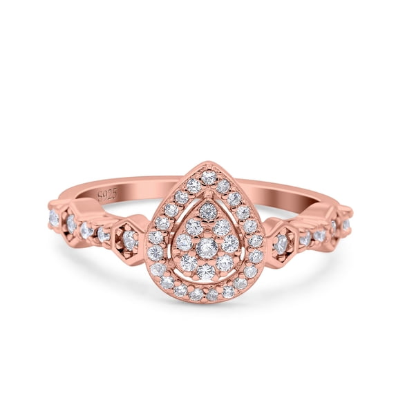 Rose Tone, Simulated Cubic Zirconia Size-6 Teardrop Halo Art Deco Ring Pear Wedding Engagement Band 925 Sterling Silver
