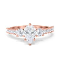 Rose Tone, Simulated Cubic Zirconia Size-6 Teardrop Pear Art Deco Three Stone Accent Engagement Ring 925 Sterling Silver