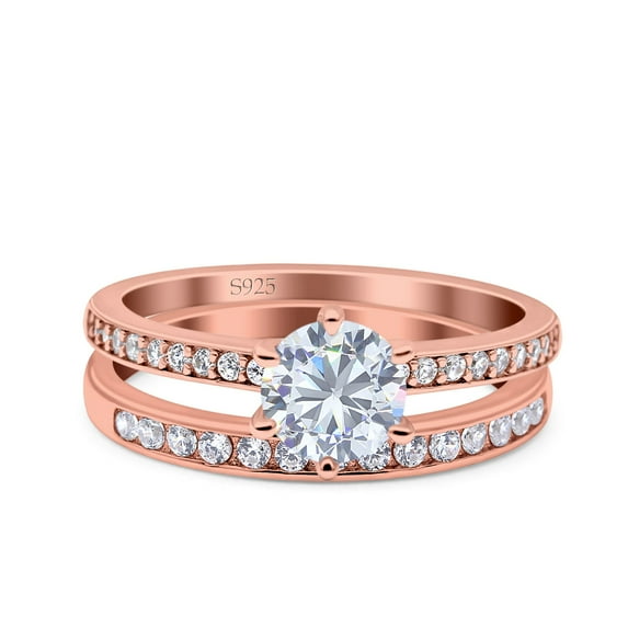 Rose Tone, Simulated Cubic Zirconia Size-6 Two Piece Art Deco Wedding Engagement Bridal Ring 925 Sterling Silver