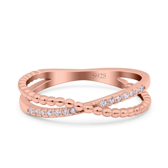 Rose Tone, Simulated Cubic Zirconia Size-7 Beaded Criss Cross Wedding Ring 925 Sterling Silver