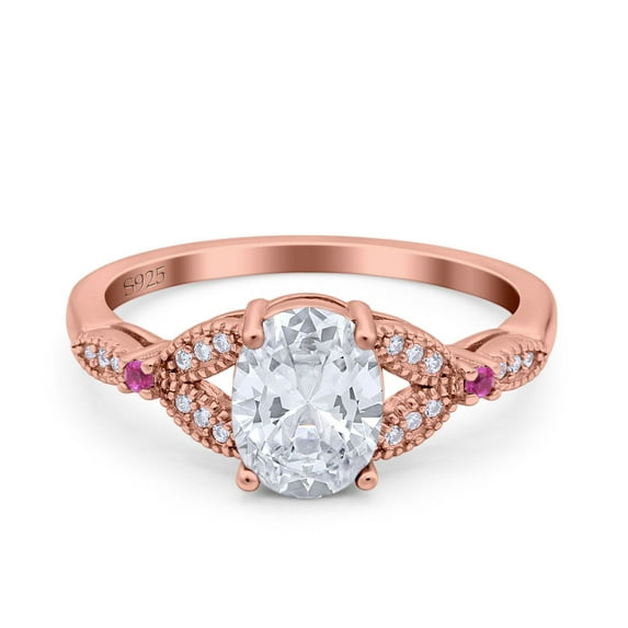 Rose Tone, Simulated Cubic Zirconia Size-7 Oval Art Deco Wedding Engagement Bridal Ring Accent Vintage Round 925 Sterling Silver
