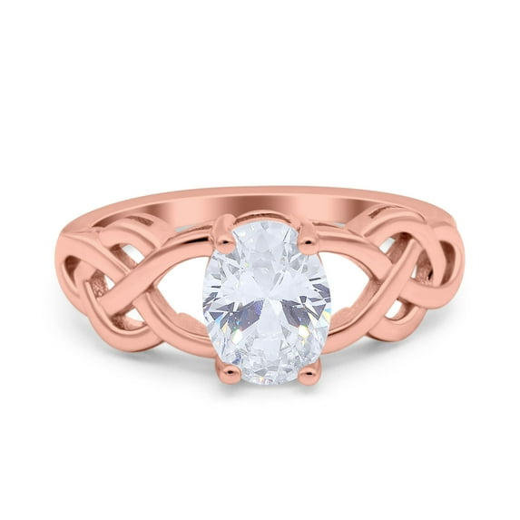 Rose Tone, Simulated Cubic Zirconia Size-7 Oval Solitaire Celtic Wedding Engagement Ring Vintage 925 Sterling Silver