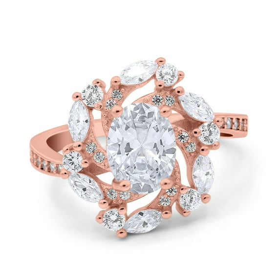 Rose Tone, Simulated Cubic Zirconia Size-7 Oval Vintage Art Deco Engagement Bridal Ring Round Marquise 925 Sterling Silver
