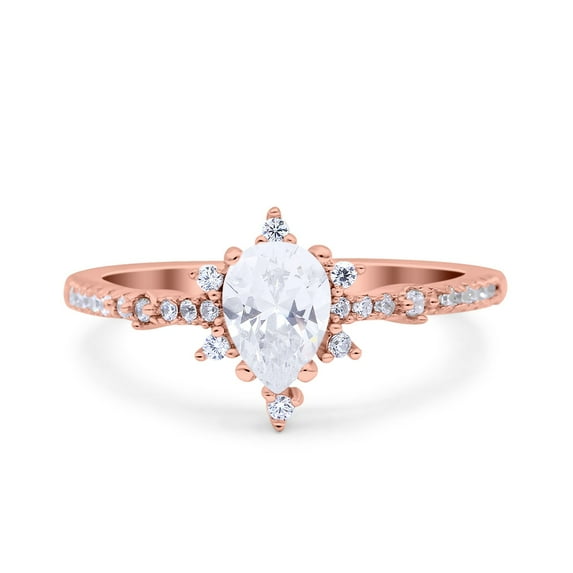 Rose Tone, Simulated Cubic Zirconia Size-7 Starburst Teardrop Dainty Art Deco Pear Wedding Engagement Bridal Ring 925 Sterling Silver